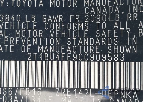 2012 Toyota Corolla Le z USA, uszkodzony, nr VIN 2T1BU4EE9CC909583